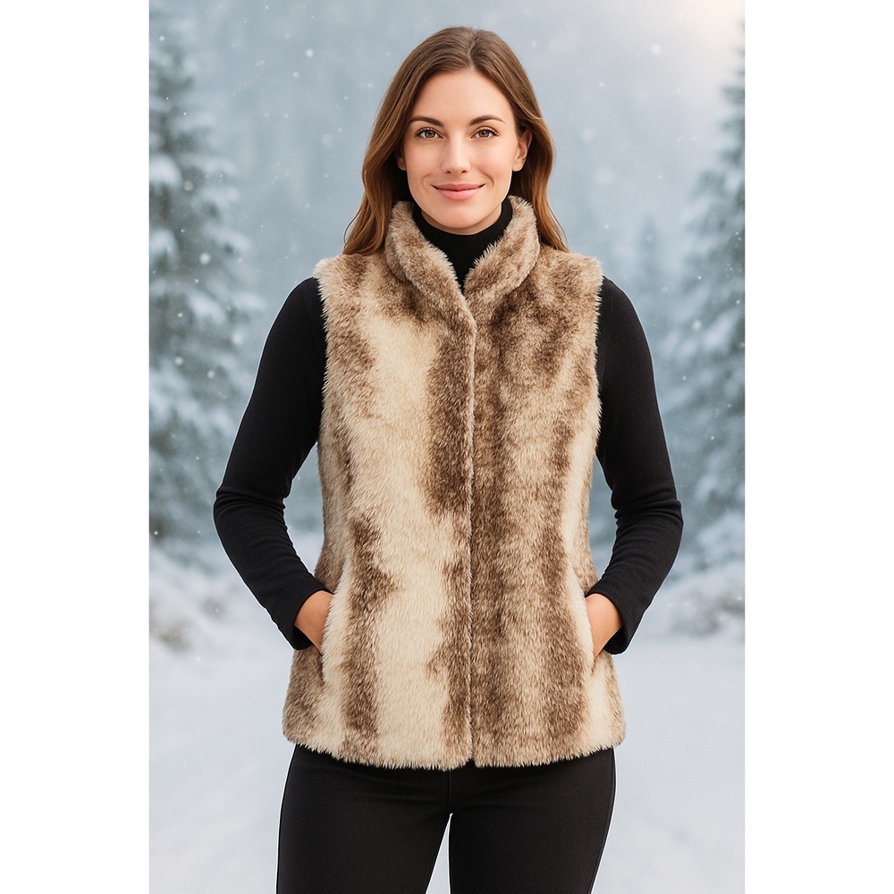 Cabi Brown Cream Faux Fur Zip Front Vest Size XS Cozy Layered Boho Luxe